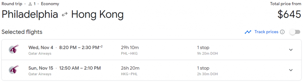 Qatar Airways round-trip flight from Philadelphia to Hong Kong for $645