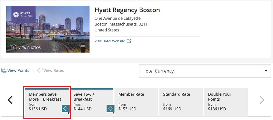 Hyatt Regency Boston displaying 20% off and free breakfast promotional rate
