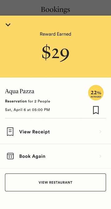 Seated rewards earned at Aqua Pazza