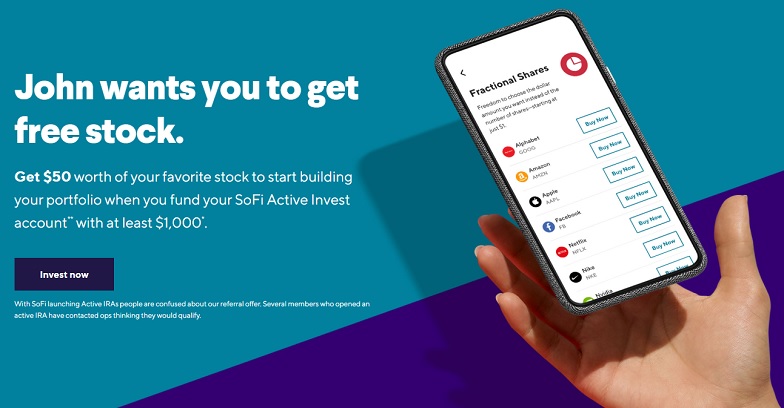 SoFi Invest referral $50 free stock offer