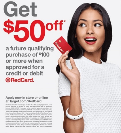 Target RedCard $50 off $100 ad with woman holding a RedCard