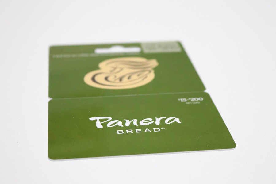 Panera Bread gift card over gray background