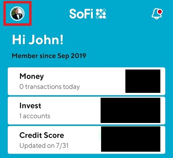 SoFi app home screen profile icon