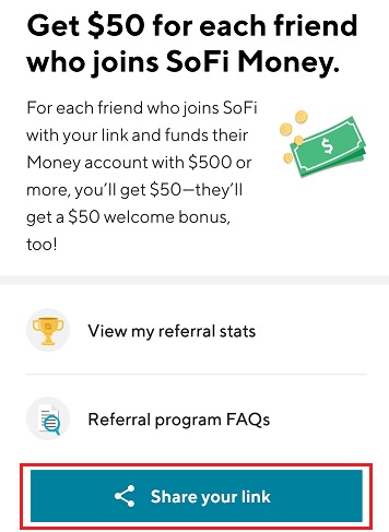 SoFi Money "Share you link" on app