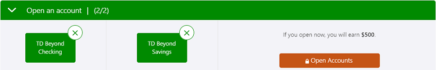 TD Bank $500 bonus account selections