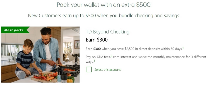 TD Bank $500 bonus landing page ad