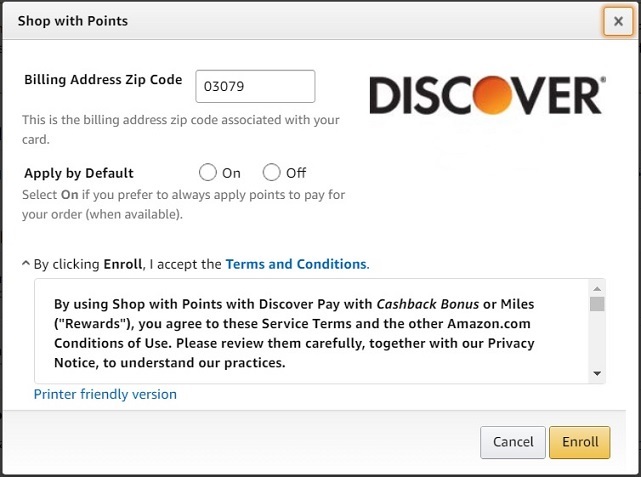Amazon's enrollment screen for Discover Cashback Bonus