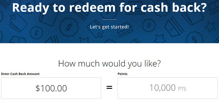 Chase cash back option showing 10,000 points for $100 cash back