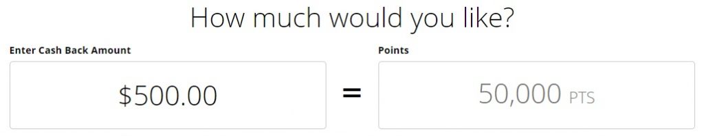 Chase cash back option showing 50,000 points for $500 cash back