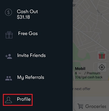 Upside Promo Code: Menu view with "Profile" circled