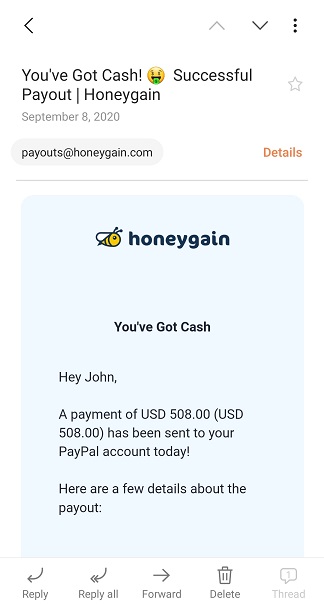 Honeygain payment notification email