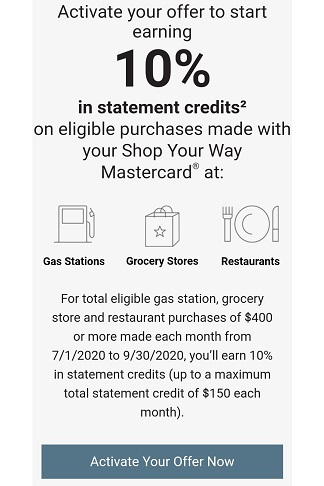 Shop Your Way offer - 10% statement credits at gas stations, grocery stores, and restaurants