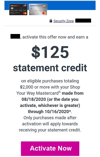 Shop Your Way offer - $125 statement credit on $2,000+ purchases