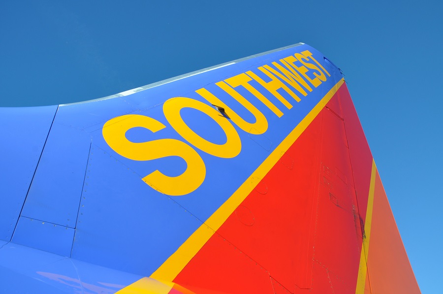 Southwest Airlines logo on airplane wing