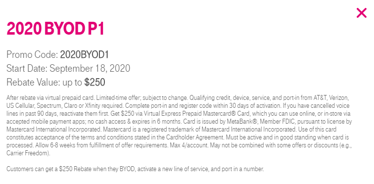 T-Mobile 2020 BYOD P1 offer with promo code 2020BYOD1