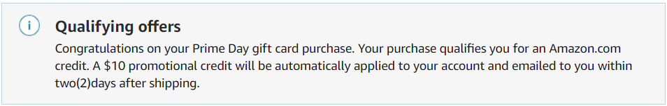 Confirmation of qualifying for $10 Amazon credit