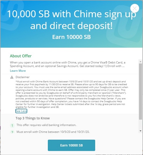 Swagbucks Chime 10,000 SB offer details pop-up