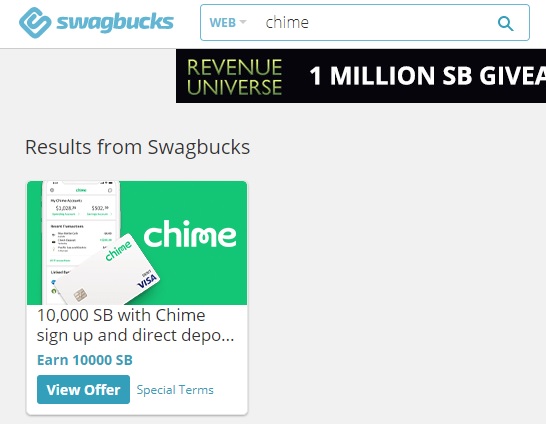 Swagbucks Chime 10,000 SB offer