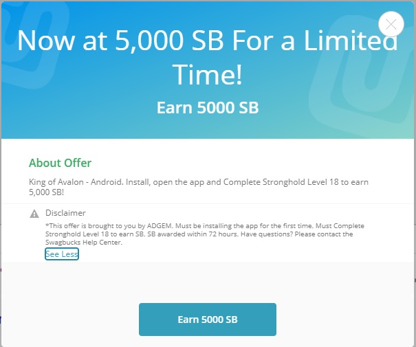 Details of Swagbucks' King of Avalon 5,000 points offer