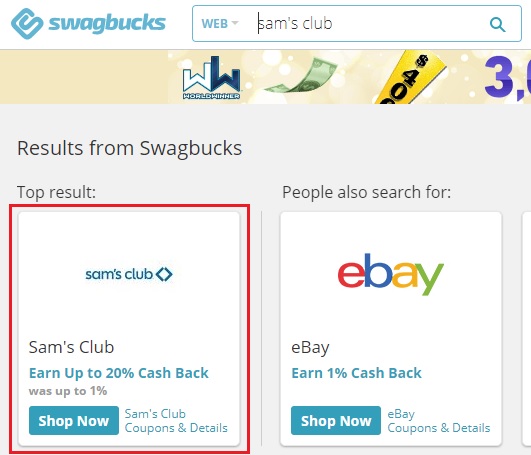 Swagbucks Sam's Club 20% cash back offer