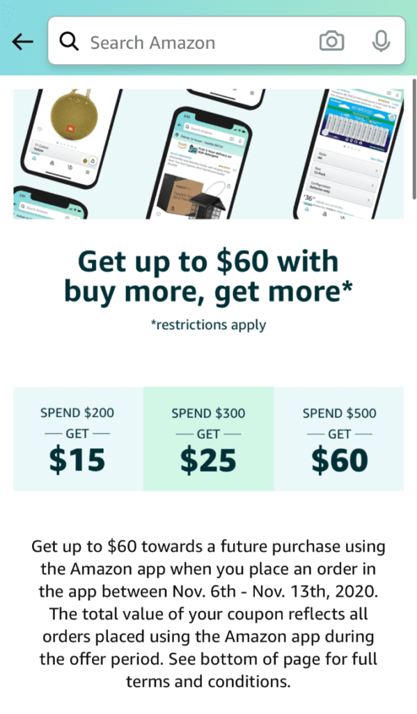 Amazon App - Get up to $60 with "buy more, get more" promotion landing page