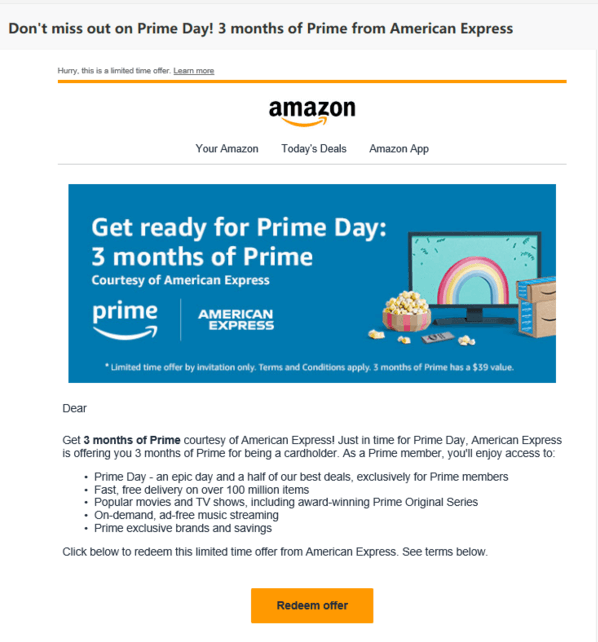 Email screenshot: Amazon Prime 3 months free from American Express