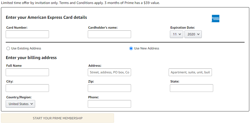 American Express form to get 3 free months of Amazon Prime