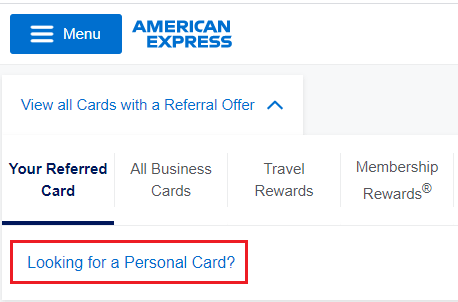 American Express referral "Looking for a Personal Card?" link