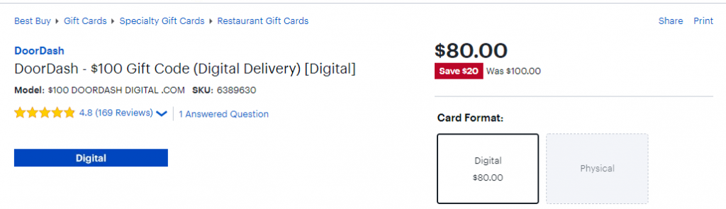 Best Buy 20% discount on Door Dash gift cards (eGiftcards)