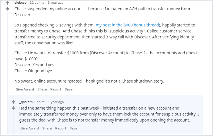 Chase bank account suspensions discussion on Reddit