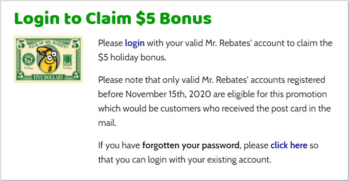 Mr. Rebates - login to claim $5 free holiday bonus