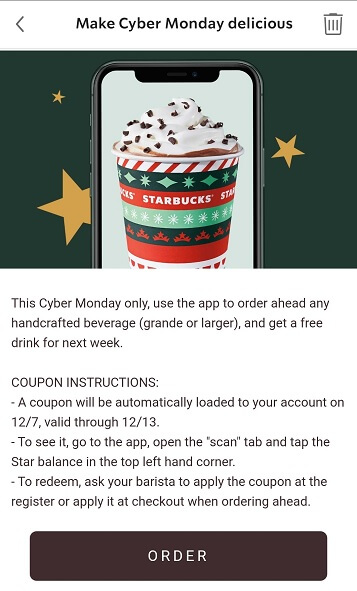 Starbucks Cyber Monday Buy-One-Get-One (BOGO) free promo