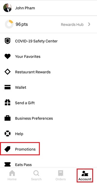 Uber Eat Promotions menu location circled in red