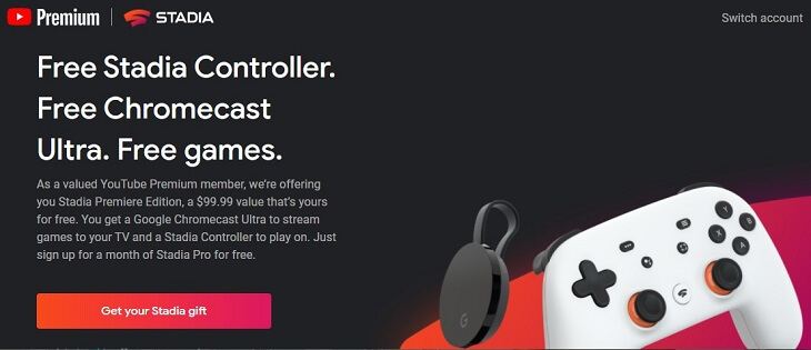 YouTube Premium free Stadia Premiere gift