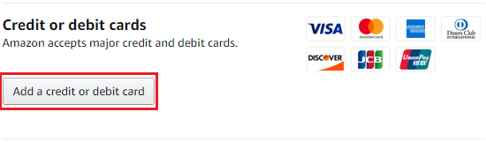 Amazon "Add a credit or debit card" button