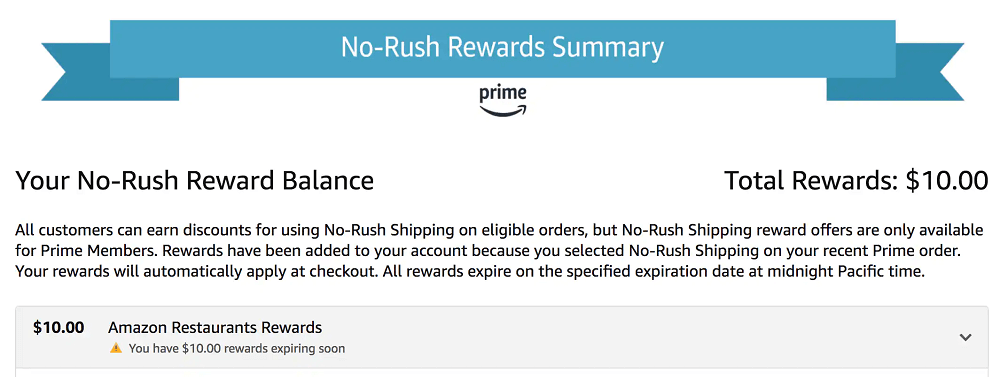 Amazon No-Rush Rewards Summary dashboard