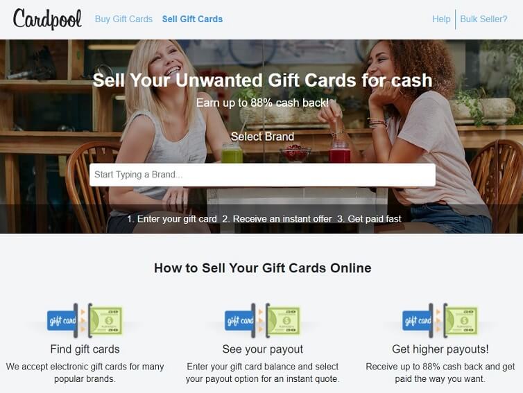 Cardpool sell gift cards landing page
