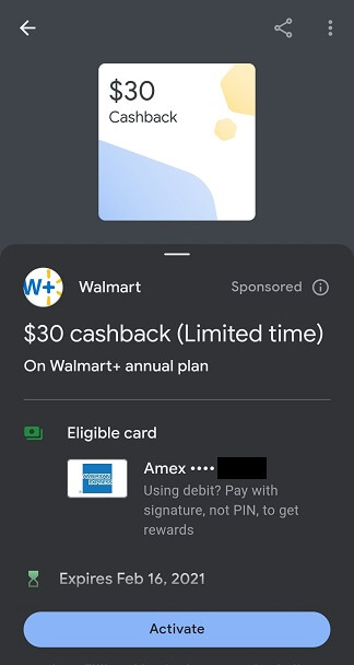 Google Pay Walmart $30 for Walmart+ subscription offer