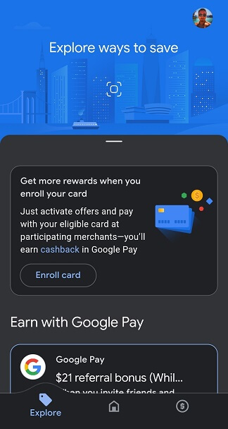 Google Pay 'Explore' tab