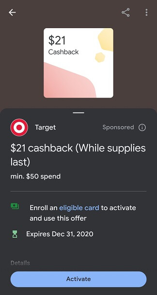 Google Pay Target spend $50 get $21 back offer
