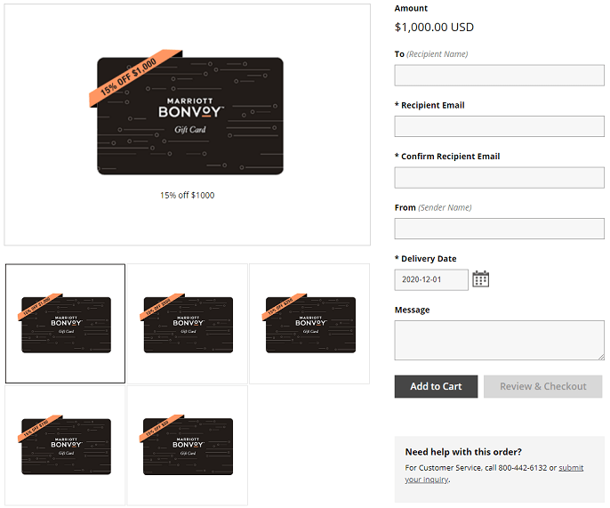 Marriott gift card order screen