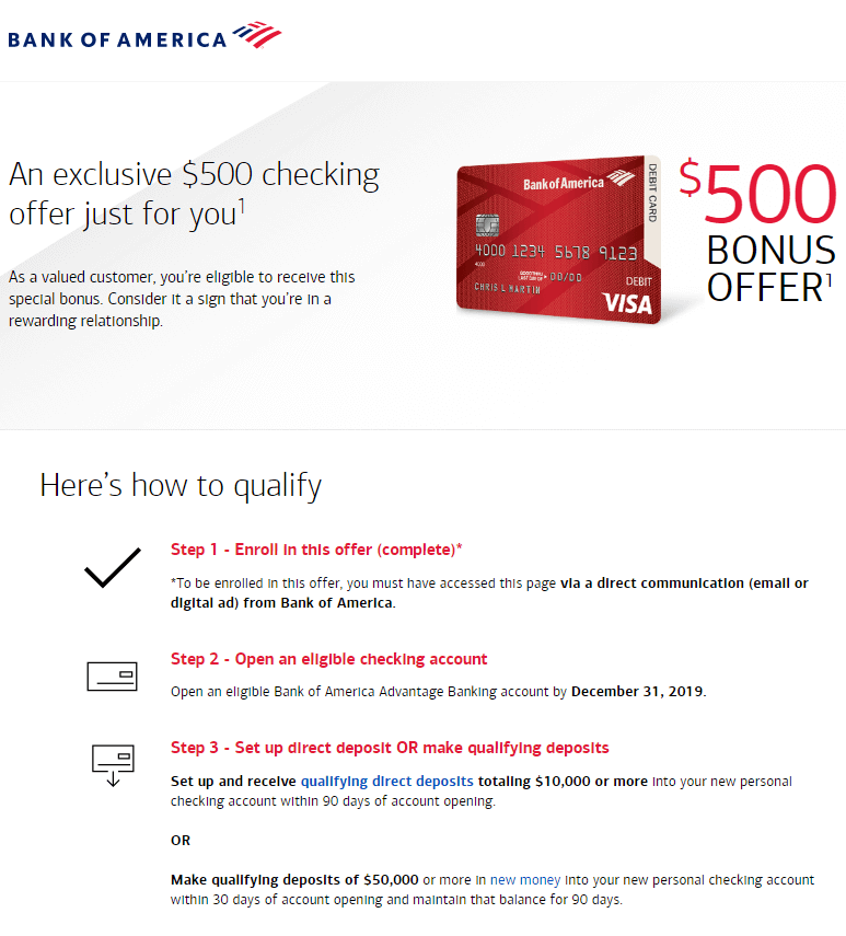 Bank of America $500 checking bonus offer