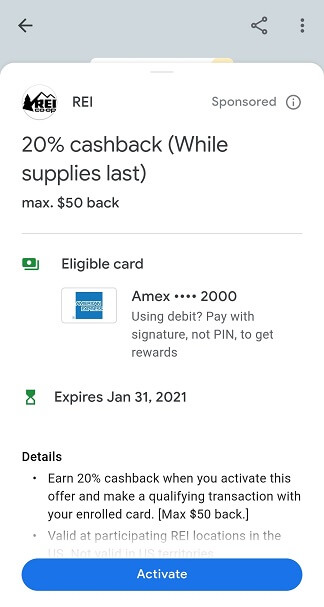 Google Pay REI 20% cash back offer