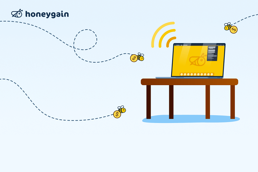 Honeygain bees flying towards laptop hero image