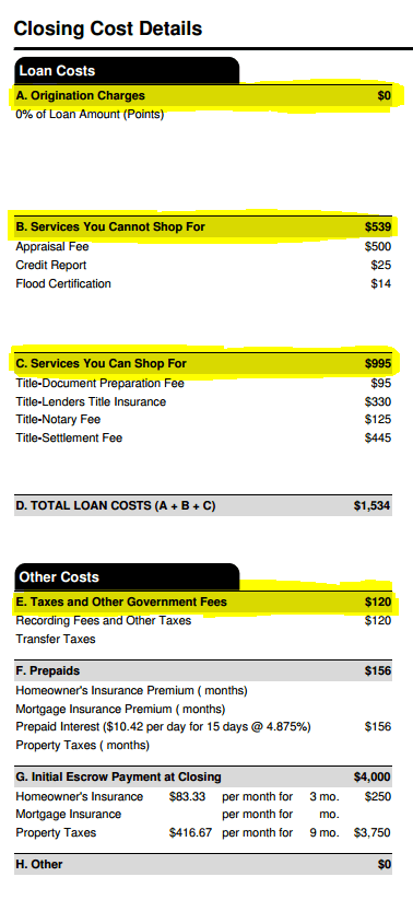 Refinancing closing cost details with section A + B + C + E highlighted in yellow