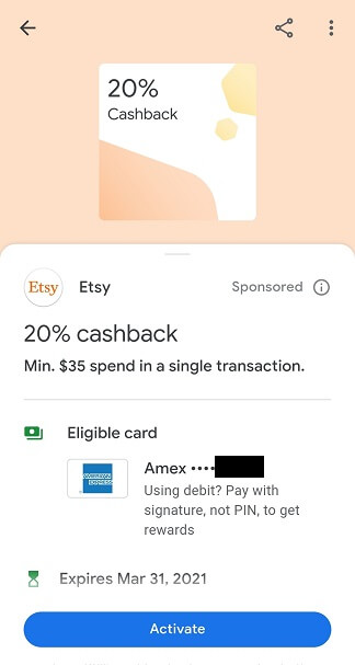 Google Pay Etsy 20% cash back offer