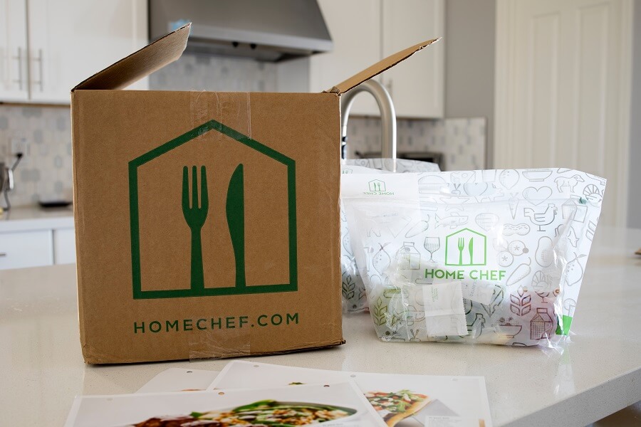Home Chef meal delivery box opened on kitchen island