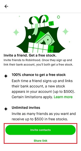 Robinhood referral page screenshot