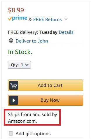 An example of an item being shipped and sold by Amazon