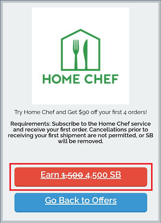 Swagbucks' Home Chef 4,500 SB offer button highlighted